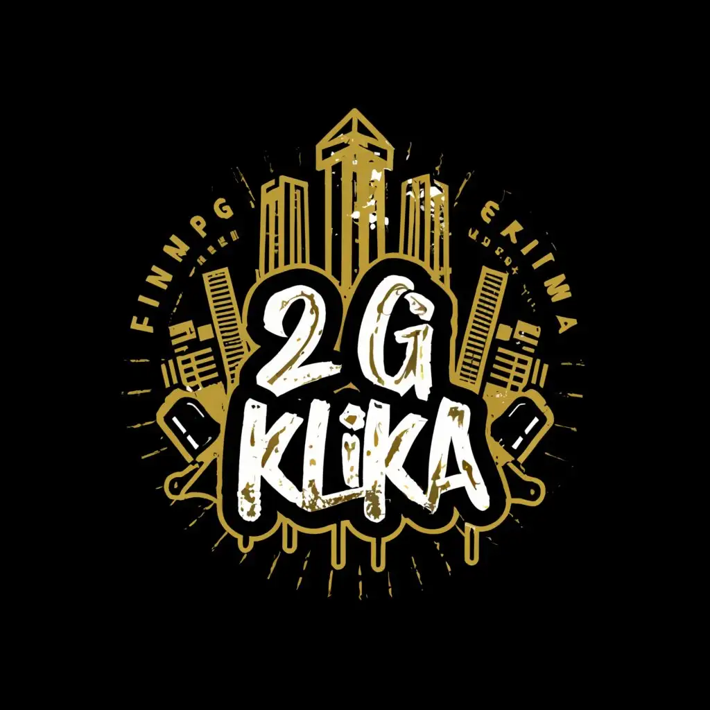 a logo design,with the text "2G
klika", main symbol:Rapper, stains, skyscrapers, flowing down outline gold , graffiti, microphone, cash, tape recorder,Moderate,clear background