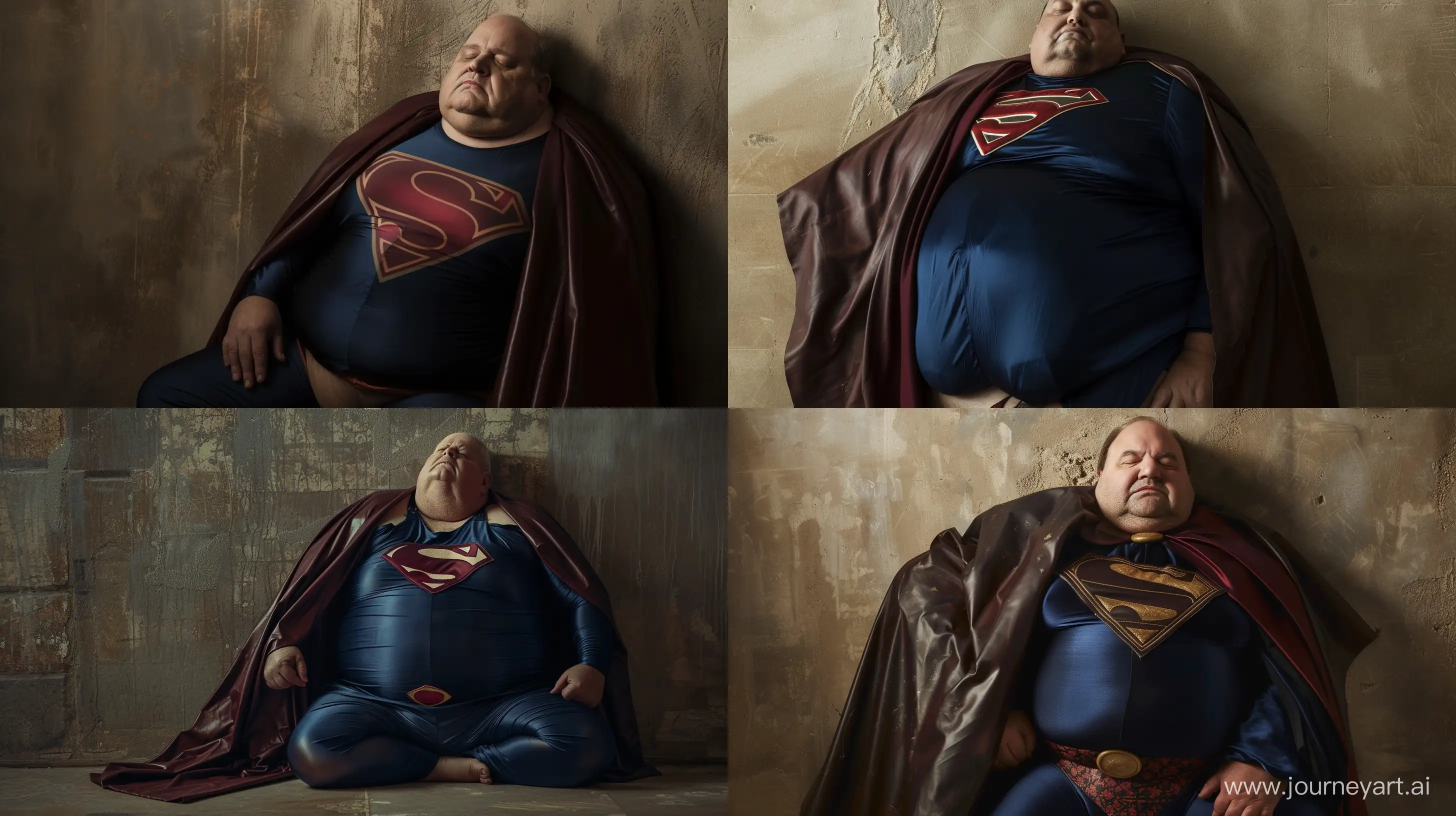 Front view photo of a fat man aged 60 wearing a silk navy blue superman tight costume with a large leather burgundy cape. Sleeping against a wall. --style raw --ar 16:9