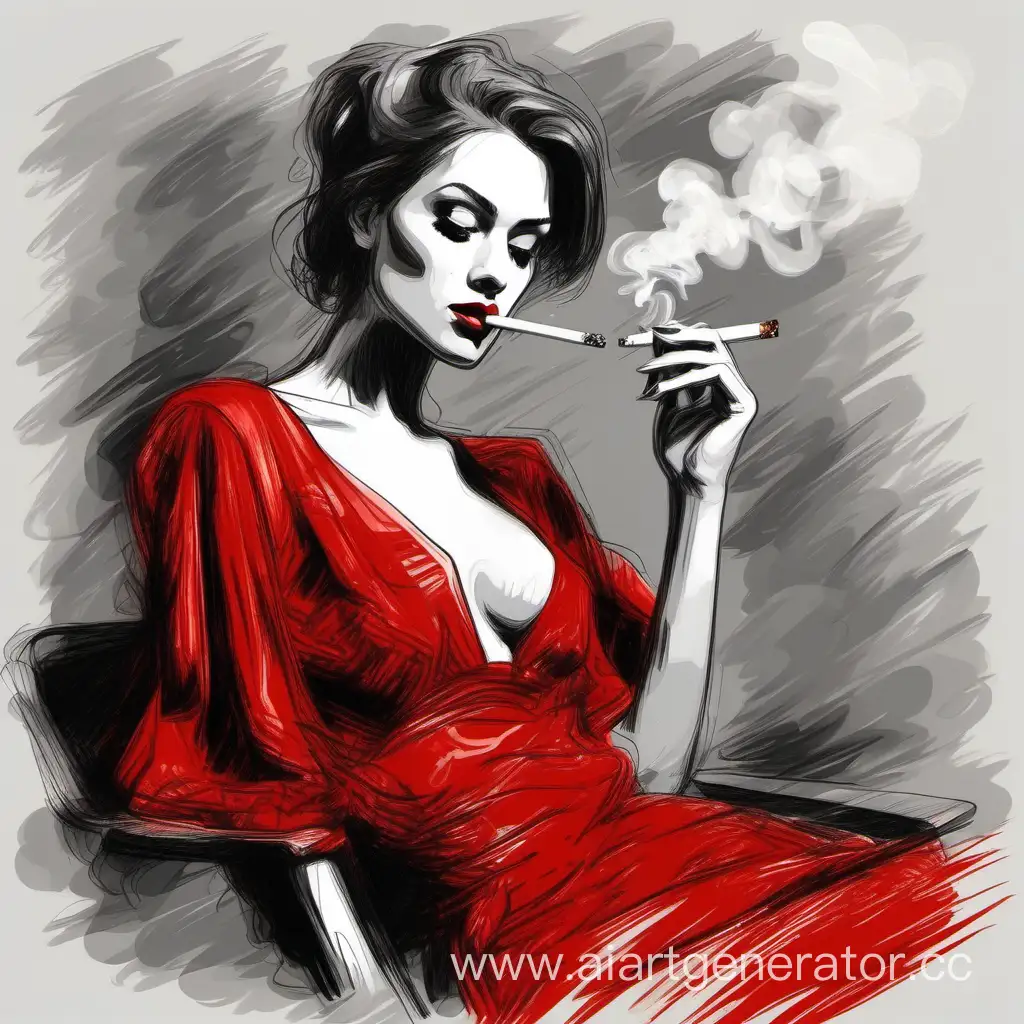 курящая девушка сексуальная в красном платье рисунок в стиле эмпрессионизм