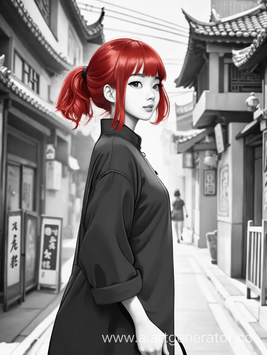 Chinese woman, black and white background, red hair who walks along the street