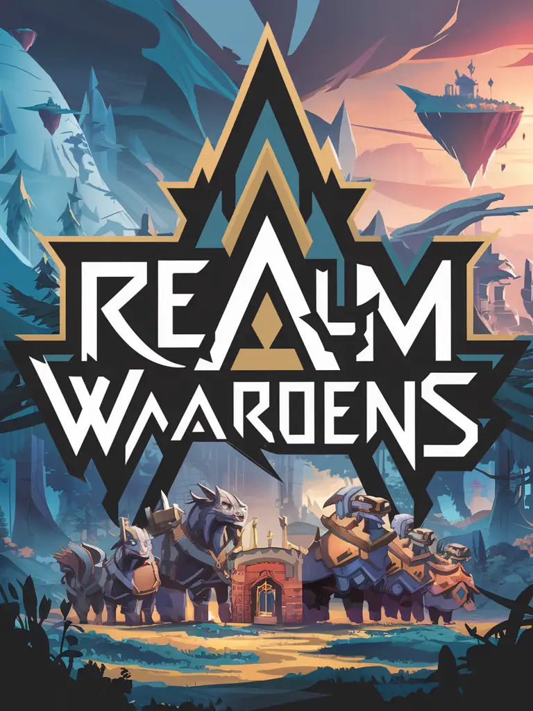 STYLIZED FANTASY WORLD VIDEO GAME LOGO COVER ART WITH THE LETTERS "REALM WARDENS" ACROSS GAME COVER ART, WARDENS AND SENTINELS KEEP WATCH AT OUTPOST IN FANTASY FOREST
