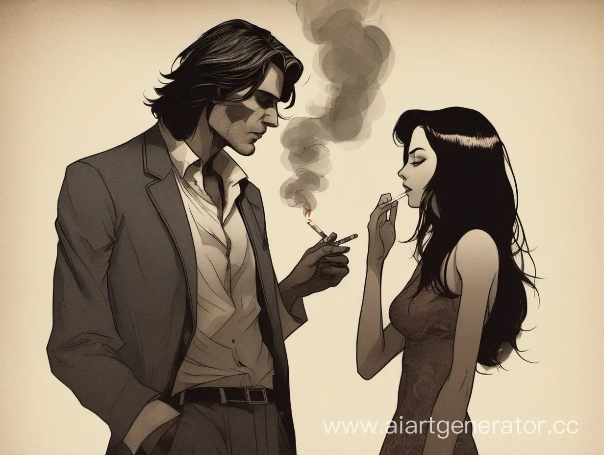 Мужчина с те́мными волосами до плеч с щетиной курит, а девушка с длинными те́мными волосами переодевается. 