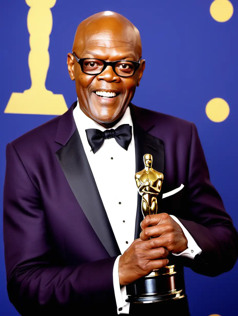 real photo of Samuel L. Jackson, getting his Oscar at the Academy Awards, he is circa 50 years old