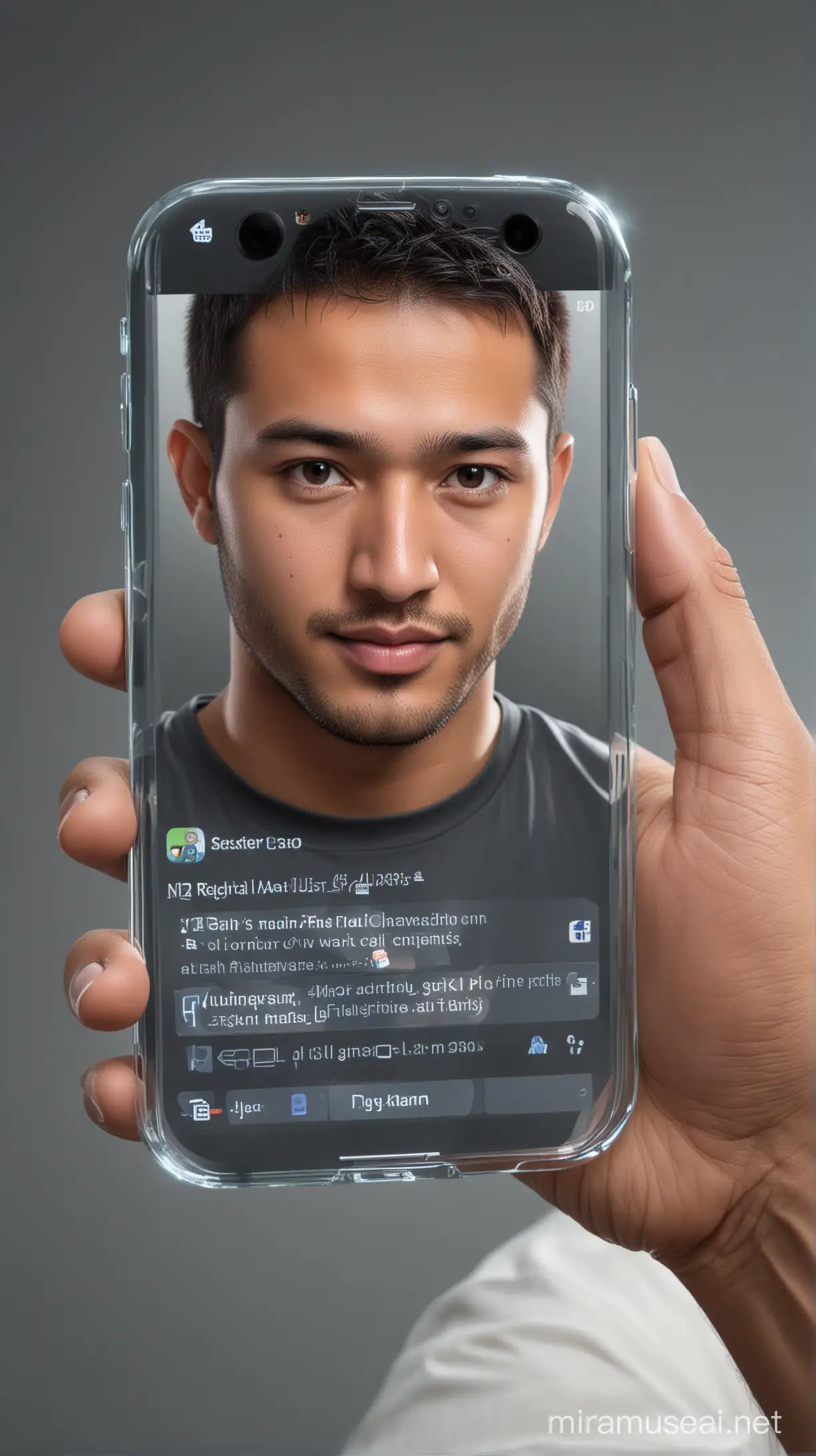 Futuristic Cell Phone with Hyperrealistic Holographic Interface Featuring Nurman on Facebook