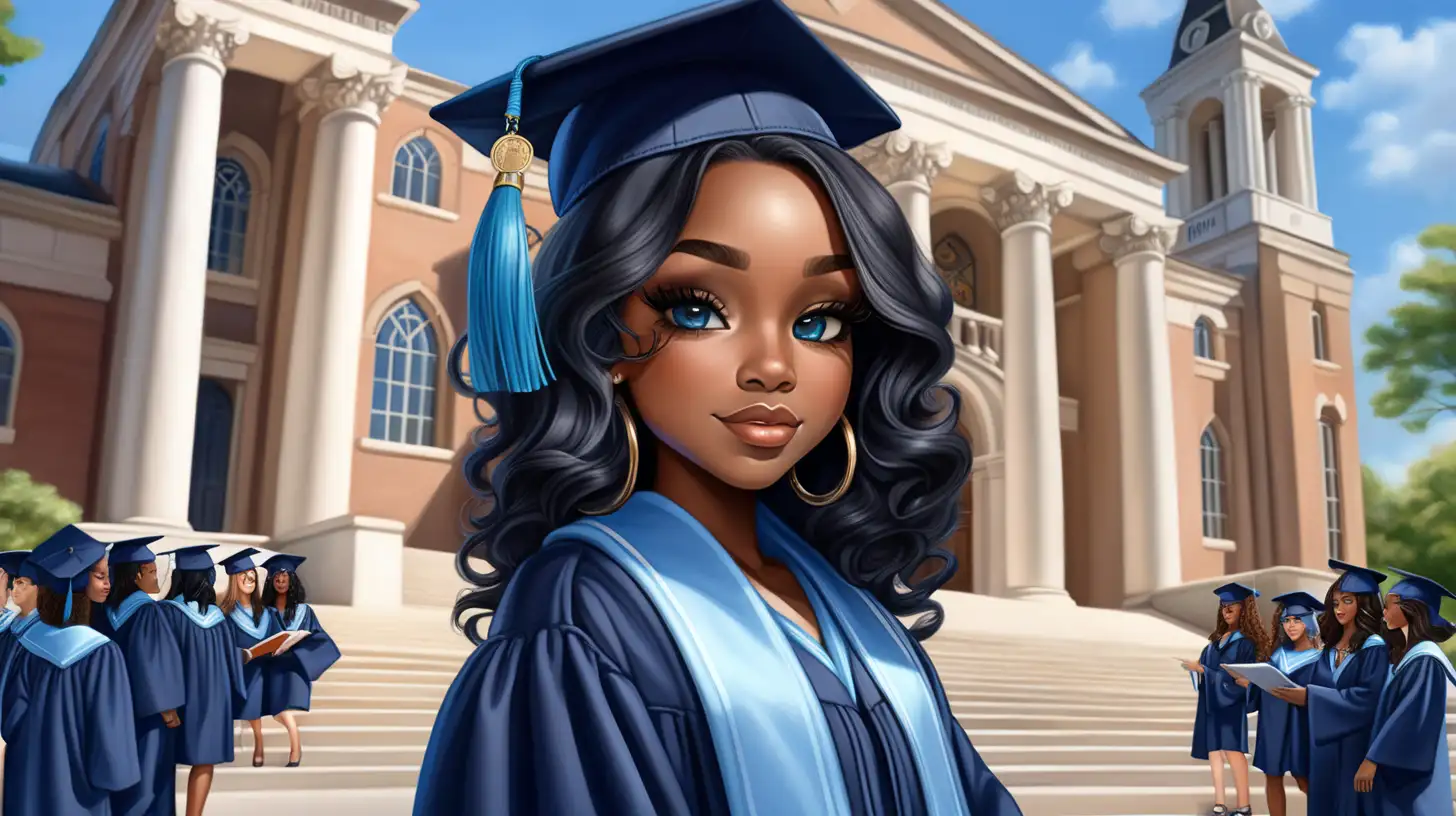envision hyper-realistic, gorgeous, chibi style black woman, with impeccable makeup, long wavy hair, dressed in a navy blue cap and gown with light blue tassel, and graduation stole, with chapel with columns in the background
