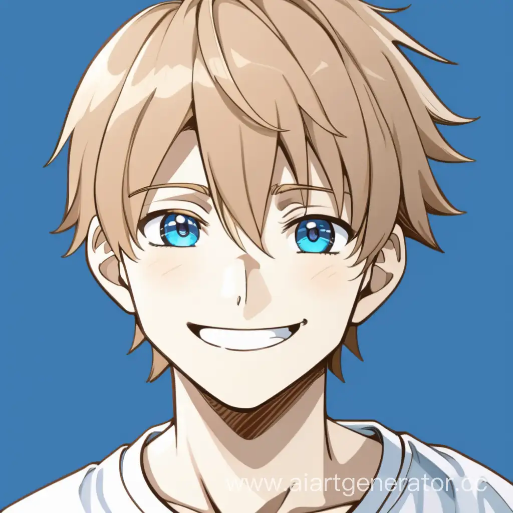 светло коричнево волосый мальчик с голубыми глазами и в белой футболке улыбается  ему 16 лет высокое качество стиль аниме
