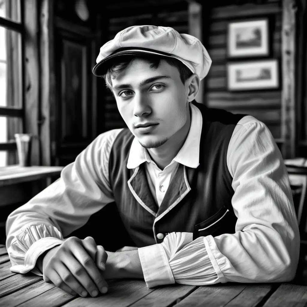 realistic black and white coloring book for adults with great realistic details, young european man with cap sits in 19 century taverna, some peoples in 19 century clothes sitting at wooden tables, Latvia, Russian empire