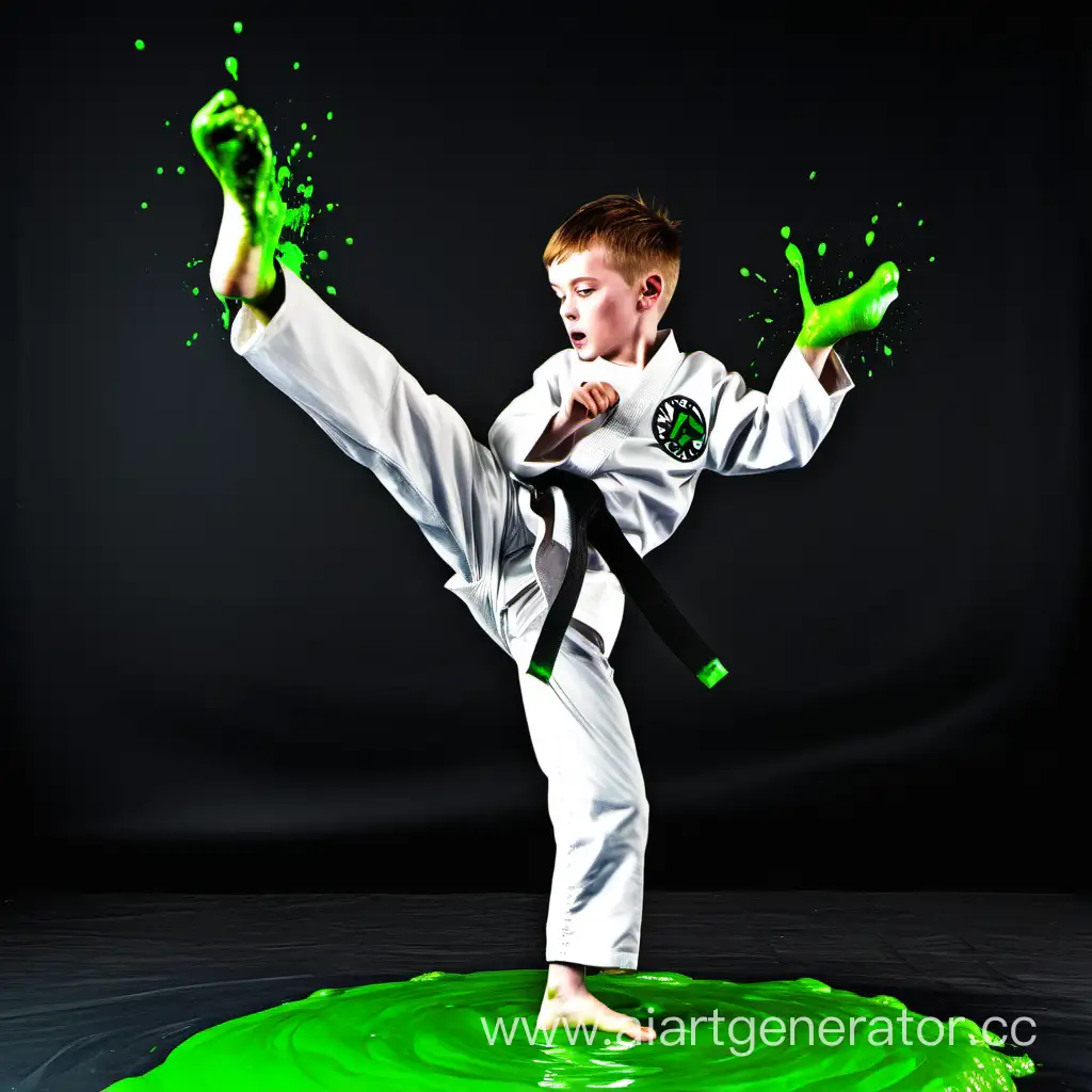Irish boy doing a tae kwon do kick to a green slime