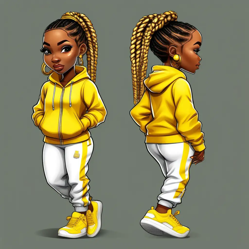 An African American chibi character woman in a yellow and white jogging suit with yellow and white sneakers, with a yellow and white background in a realistic cartoon image, with pinned up braids