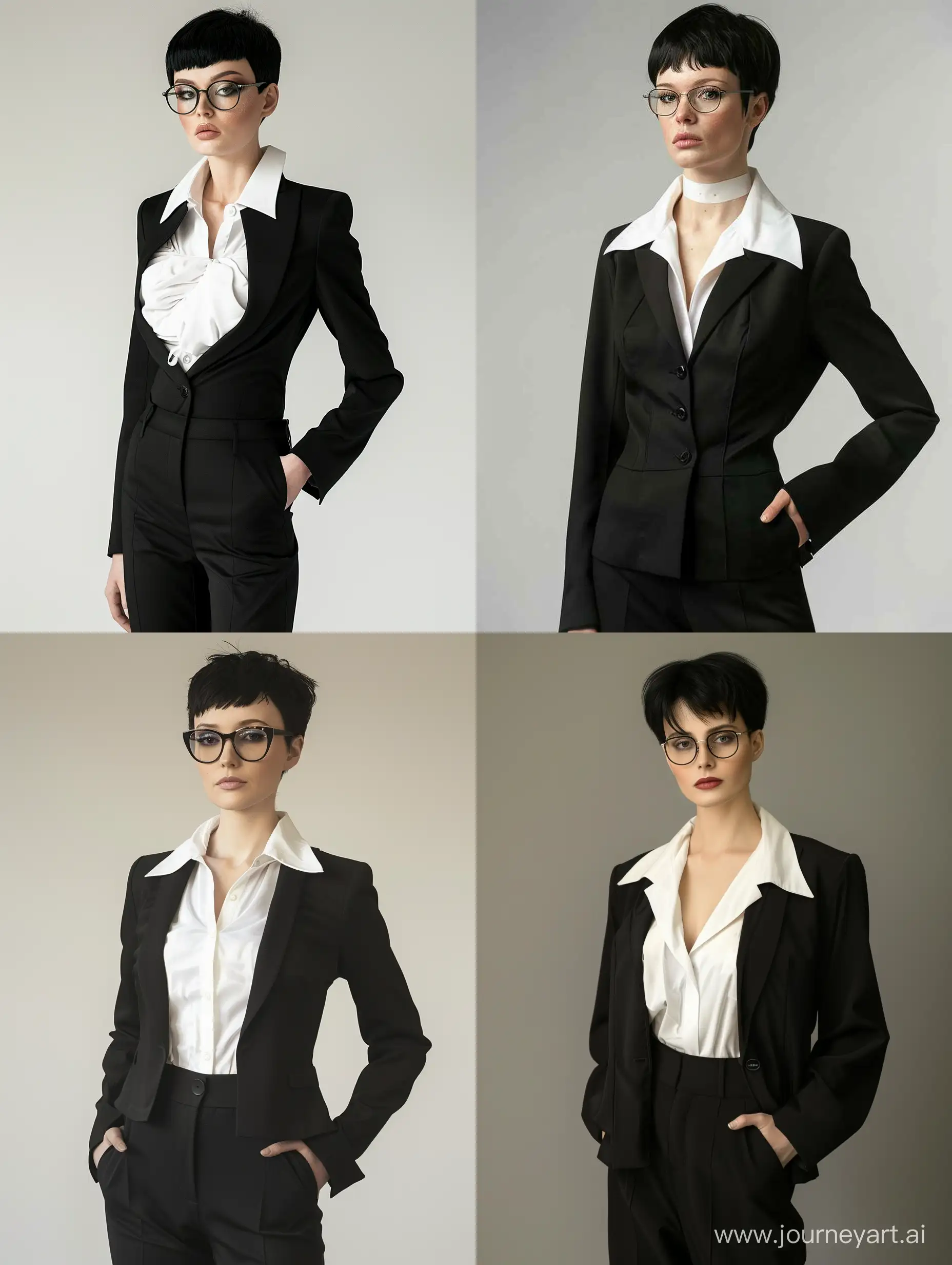 Photo of a strict woman, 40 years old, works as a manager in a company, slim build, modest makeup, black hair, short pixie hairstyle, glasses, strict black pantsuit, white blouse under the suit, neckline, collarbone, large collar facing out, long sleeves, fashion 2000- x, 2001, retro, nostalgia, Russia, photorealism, realism