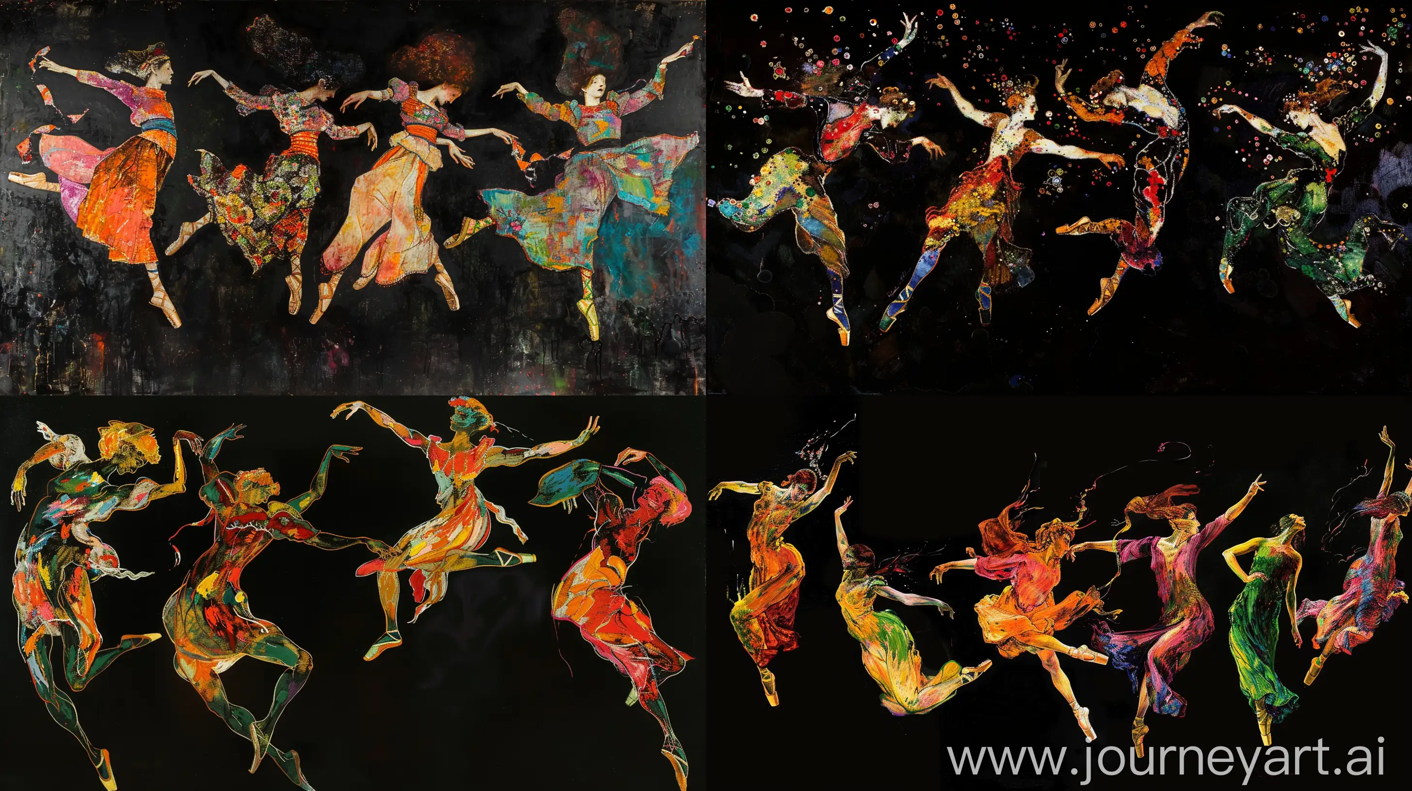 **The Dance Of The Irate, a beautiful ballet of the emotions of love and laughter, black background, in motion, graceful dancing and jumping, vibrant colours, painted by gustav klimt --ar 16:9