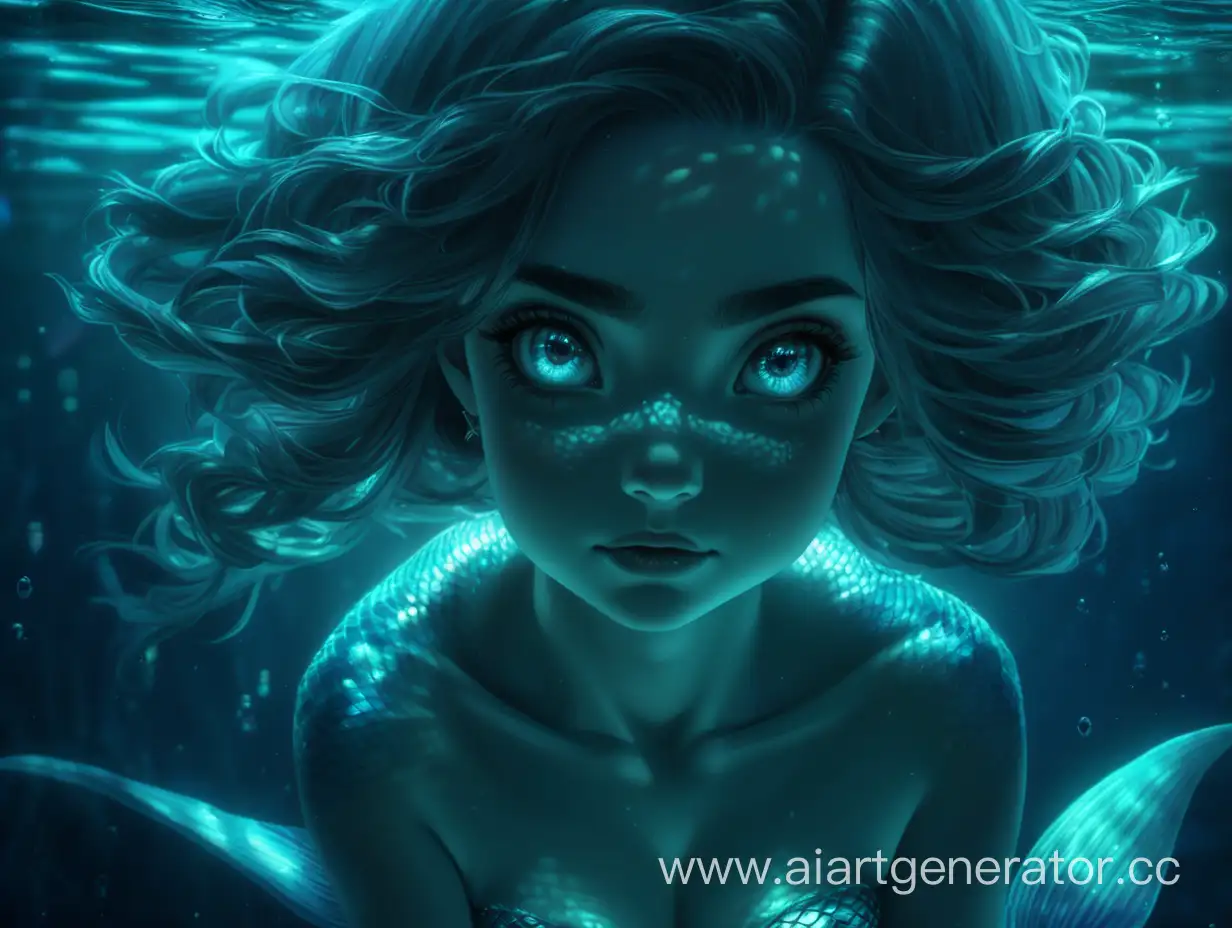 Девушка русалка вся в светящейся чешуе, под темной водой, очень темно, глаза светяться