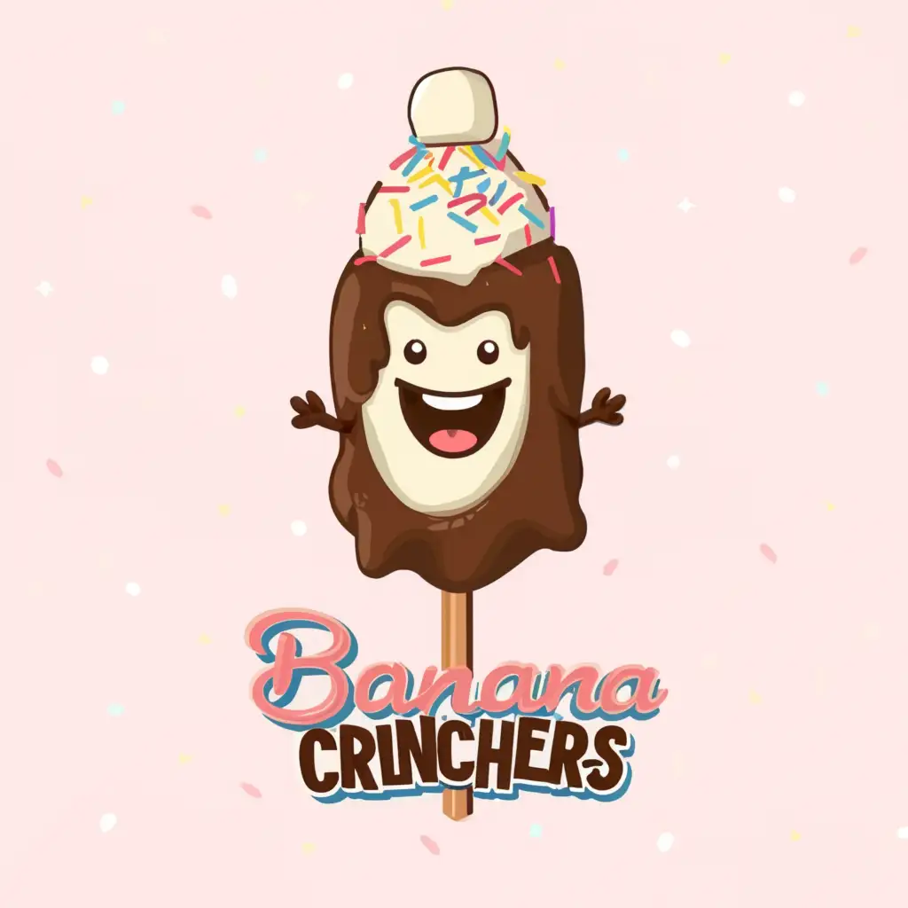 a logo design,with the text "Banana Crunchers", main symbol:Crunchy Crumby Coated Banana on Stick 
Dipped in Chocolate 
with Sprinkles and Marshmallows as Toppings,Moderate,clear background
