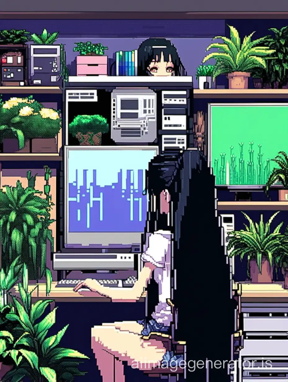 Pixel style, day, girl with long black hair, behind a computer, in a gamer's room, anime-like, plants