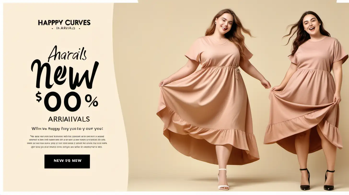 Email template, happy curve size women in dress with slogan new arrivals