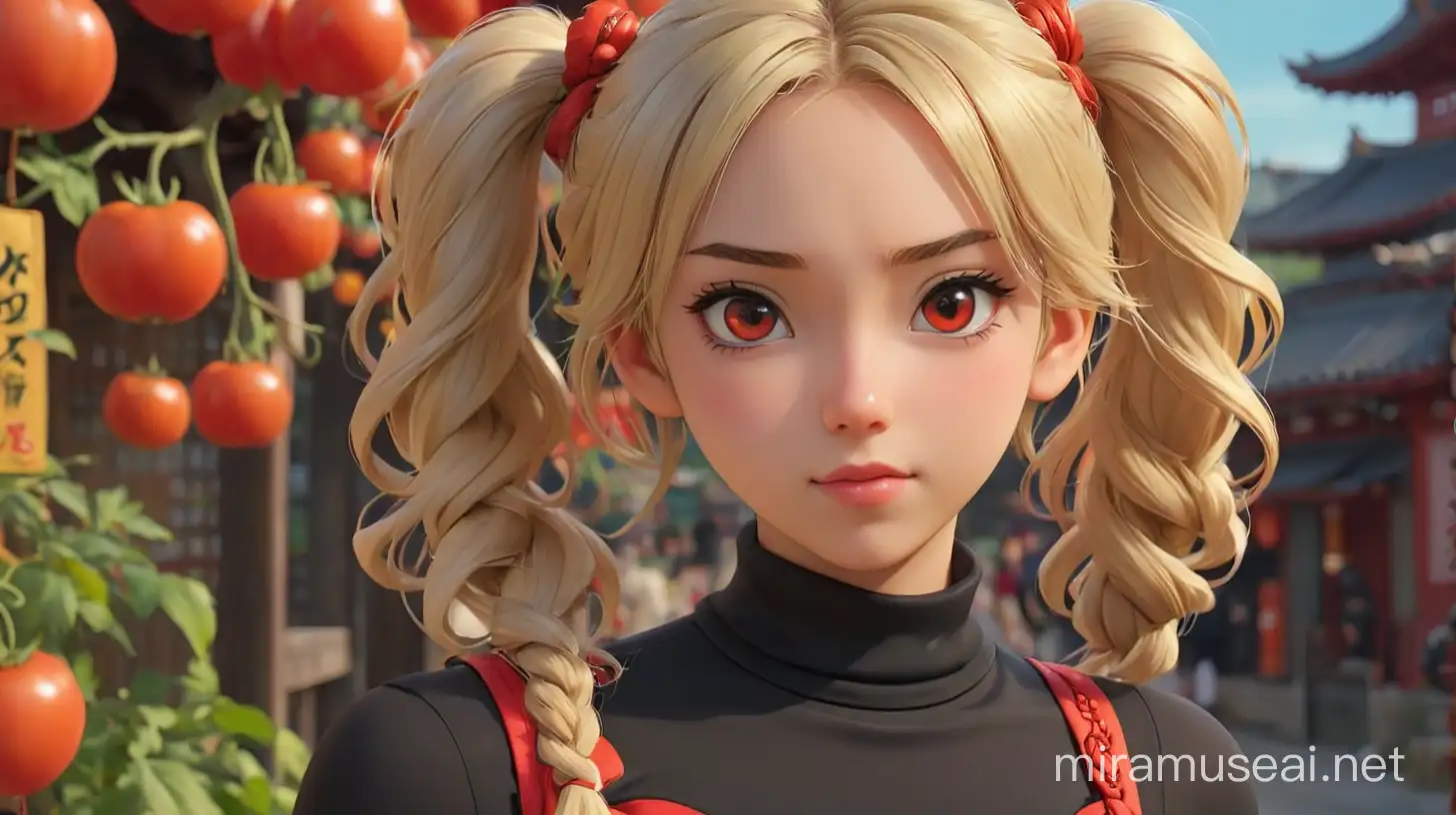 Anime Girl with Blonde Hair and Cherry Red Eyes in ChineseJapanese Festival Setting