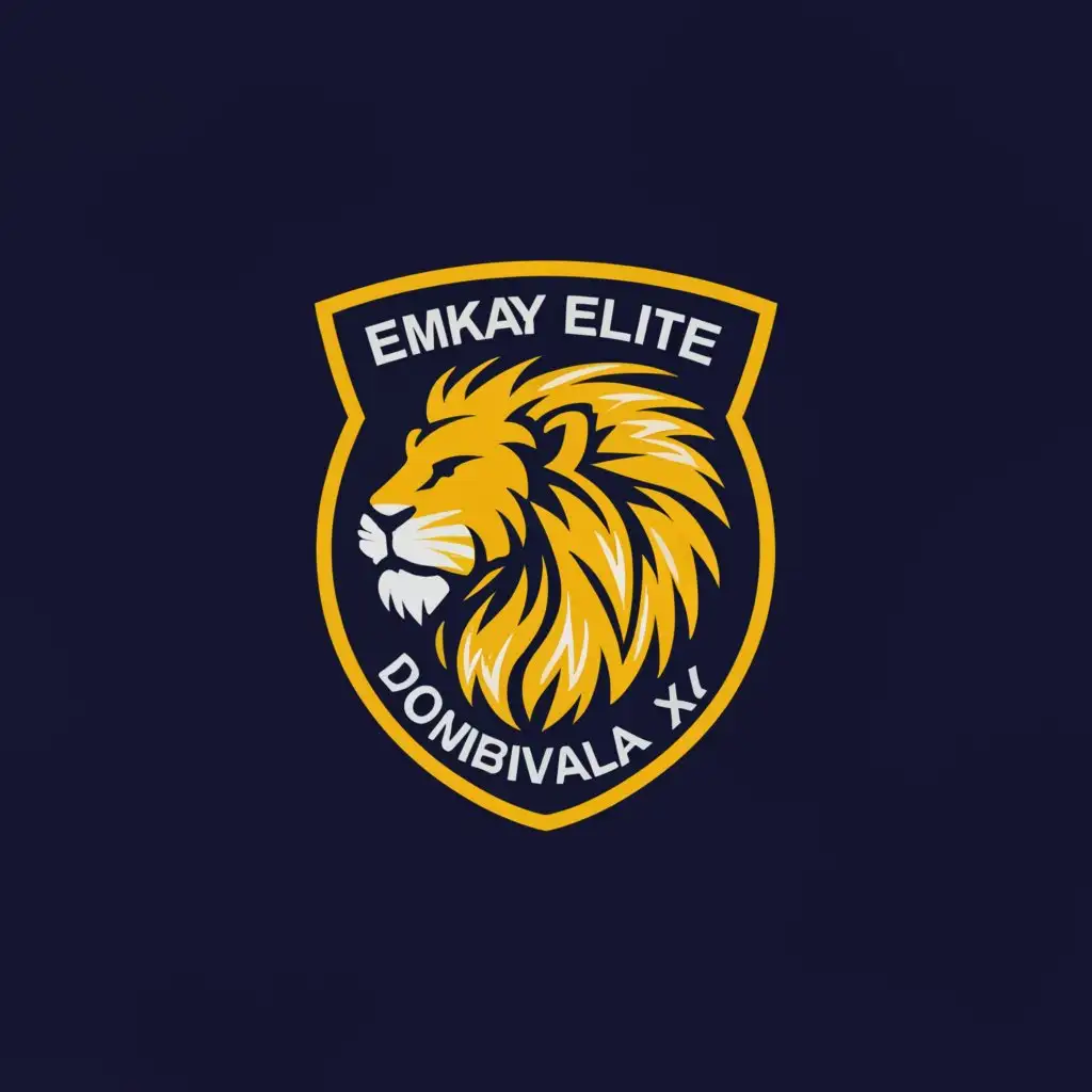 a logo design,with the text "Emkay Elite Dombivali XI", main symbol:Yellow and Navy Illustrative Lion Cricket Badge Logo,Moderate,clear background