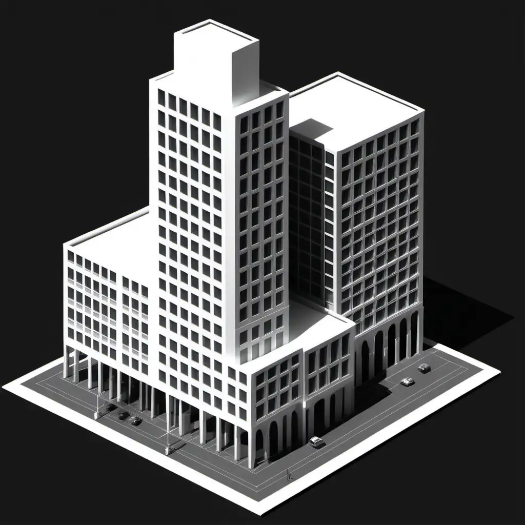 Detailed 3D Black and White Building Model in Icon Format