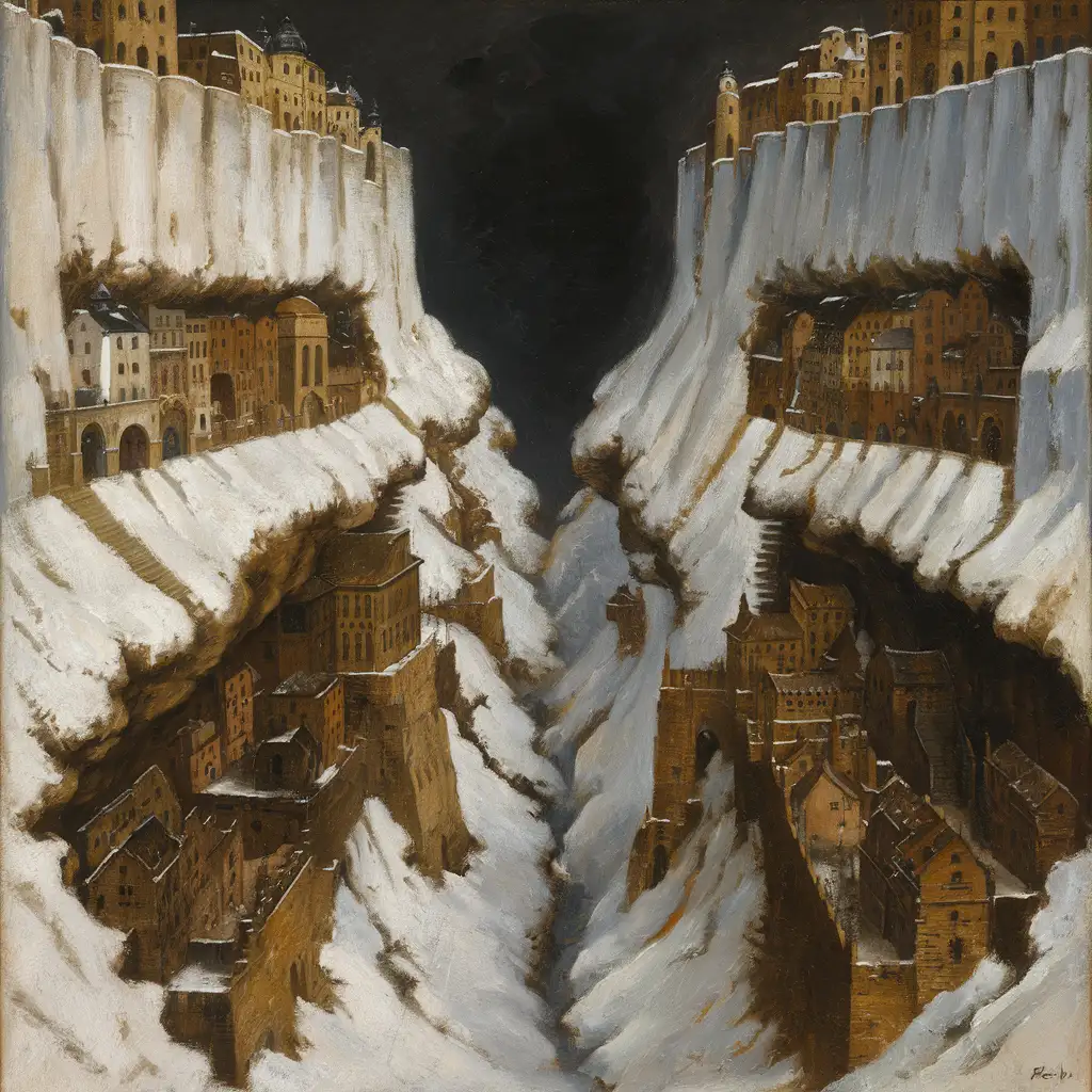 medieval, beautiful, intricate, long gorge, very thin gorge, bottomless, buildings in top wall, buildings in mid wall, buildings in bottom wall, barely visible sky, snowy, night, many buildings, stores, poor, poverty, dark, imposing, oil painting, bold brush strokes, impressionist style