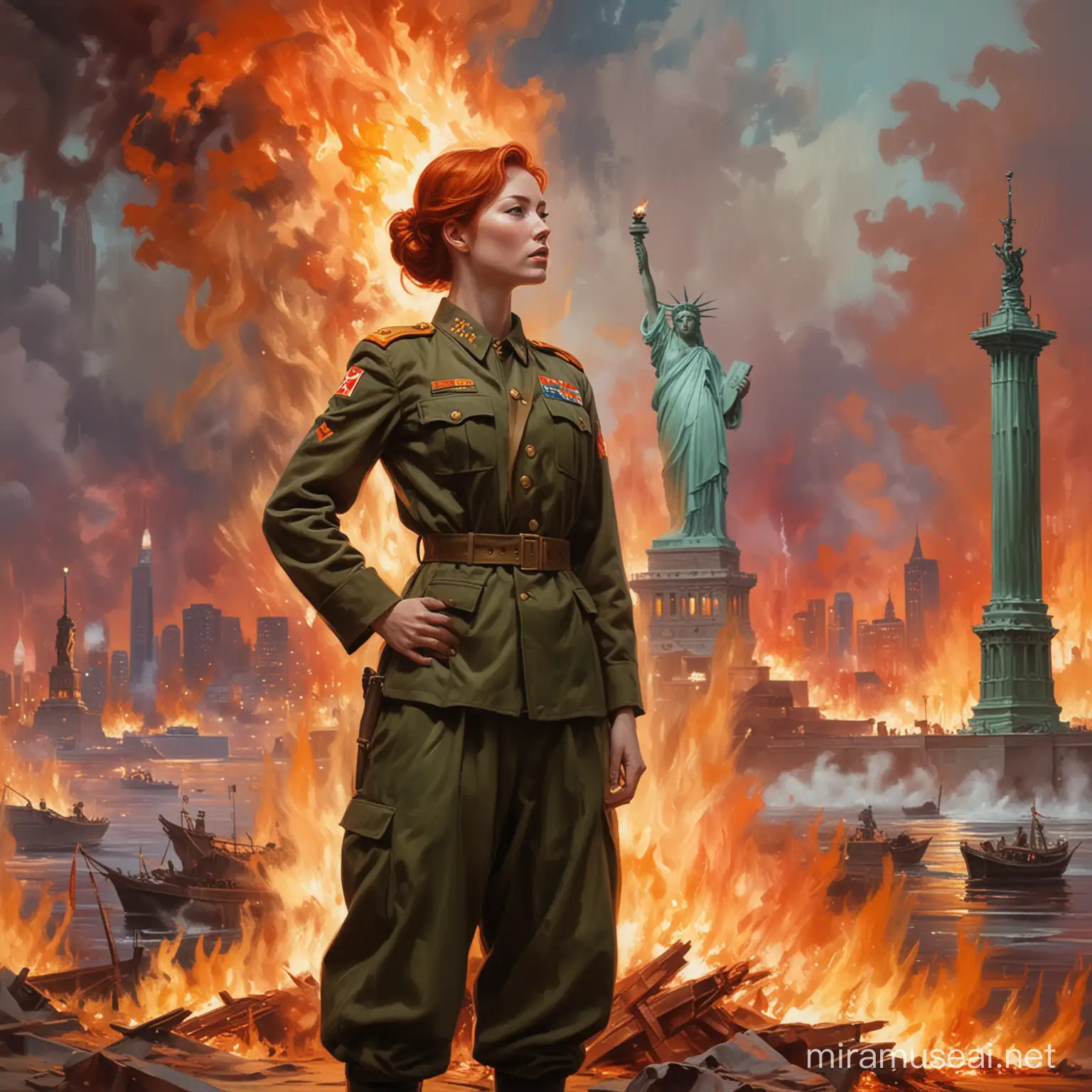 Peinture impressionniste femme rousse en tenue de soldats nord coréen debout, à l'arrière plan la statue de la liberté à l'intérieur des flammes, New York en feu.