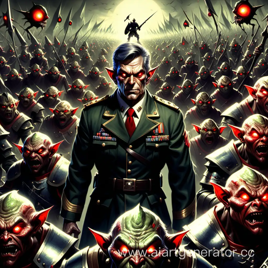 Генерал человек занимающий пол картинки смотрит влево с красными глазами и  армией гоблинов позади него