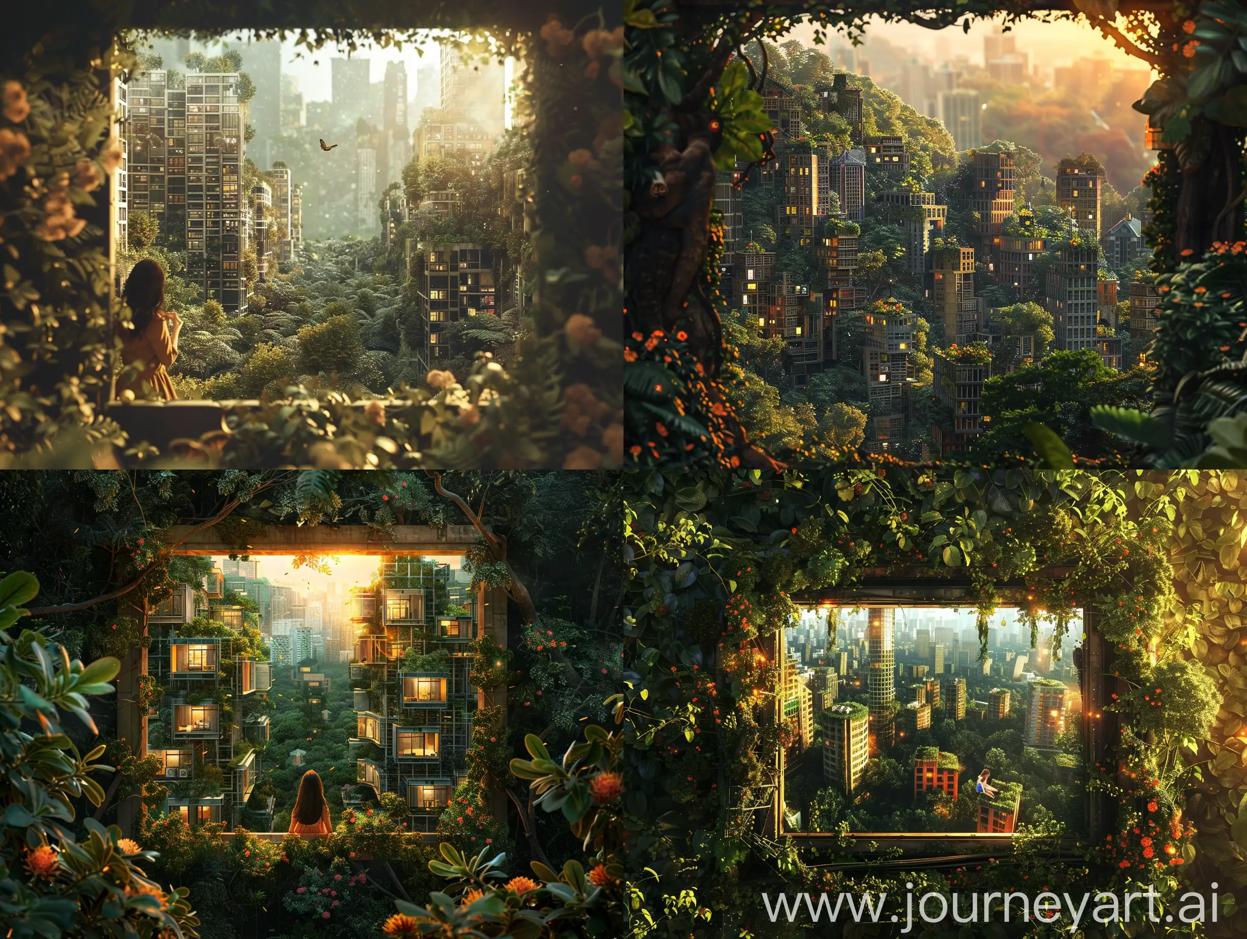 girl，frame showing city block on trees，forest city，tree house，tree loft，skyscraper，warm and cozy atmosphere，Rooftop ，rooftop Flowers，lush greenery，vine-dominated，nature-filled, sun-drenched,radiant lighting, city-in-the-forest, lush surroundings，skyscraper，fantasy，high，tall，deep，Brutalism，open-air rooftop，open-air amphitheater