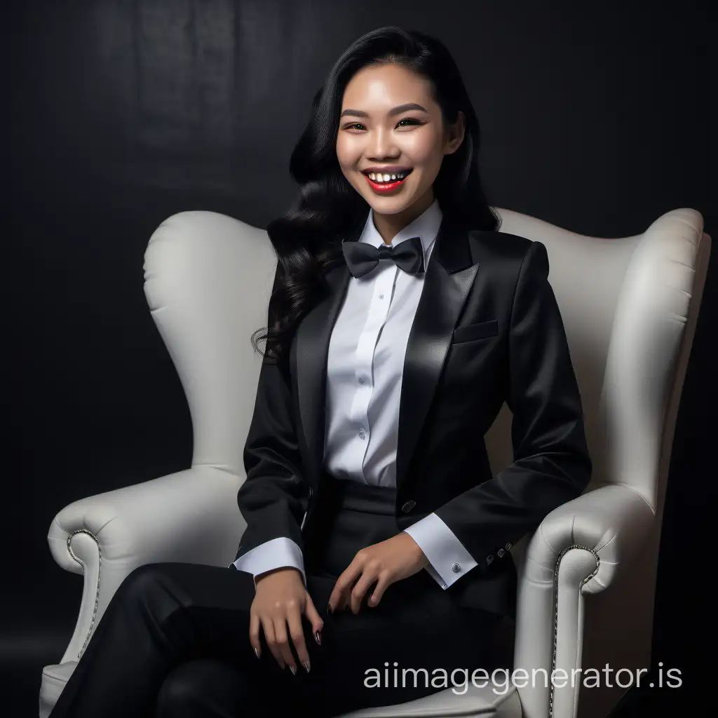Elegant-Vietnamese-Woman-in-Tuxedo-Smiling-in-Mansion-Interior