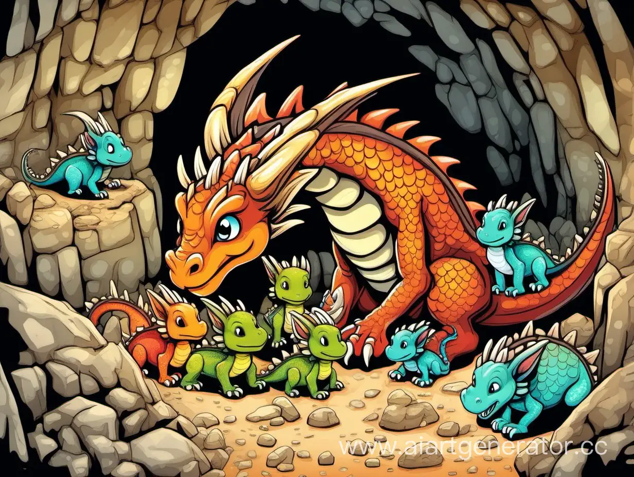 цветная иллюстрация: милый дракон заботится о маленьких дракончиках в пещере