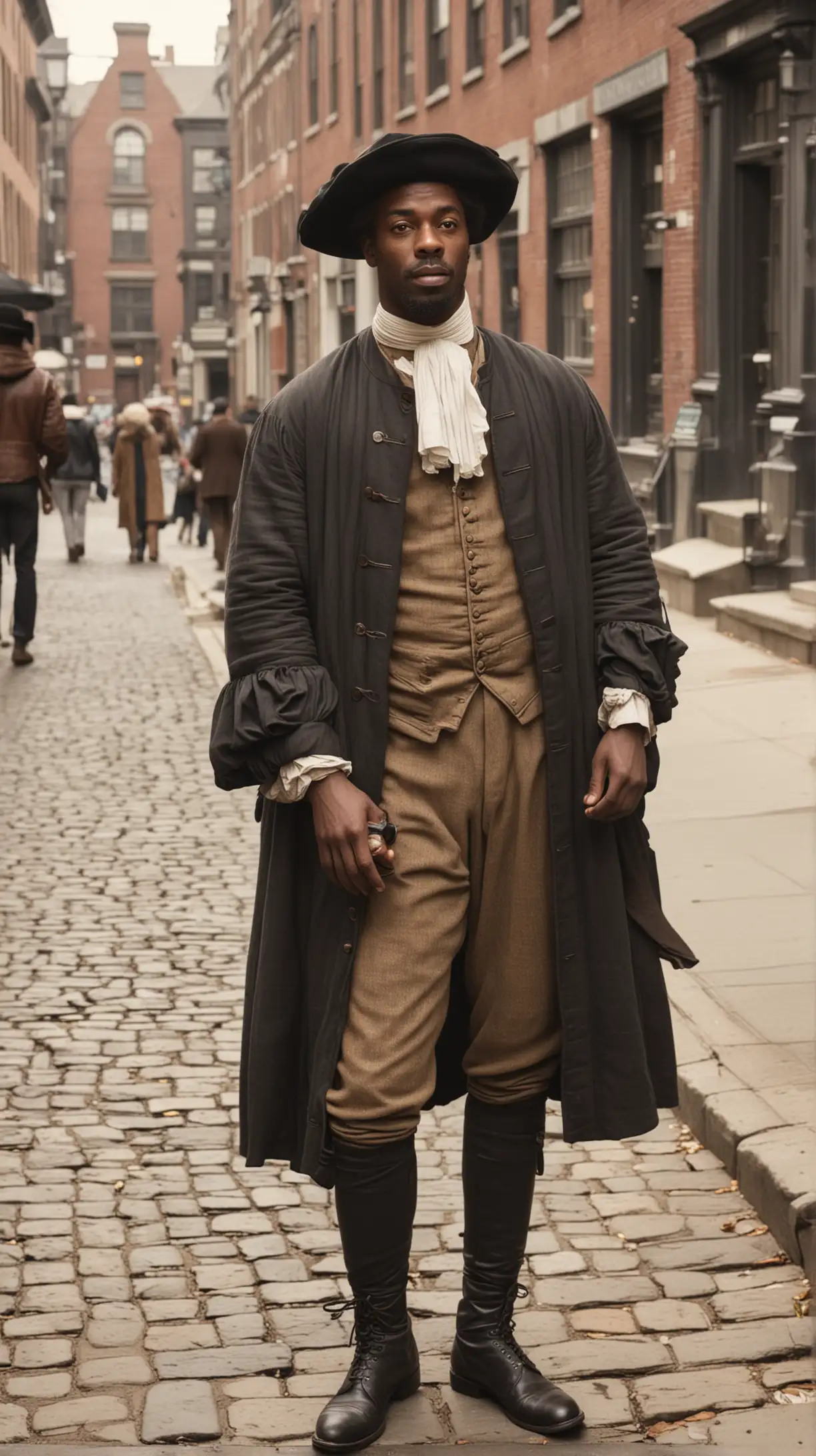 Seventeenth Century Black Man Walking the Cobbled Streets of Boston