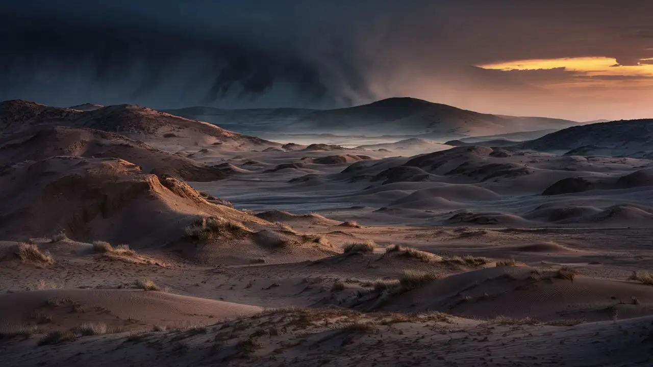 desert wasteland at twilight, dust storm in the distance, last sunlight bathing hills and dunes