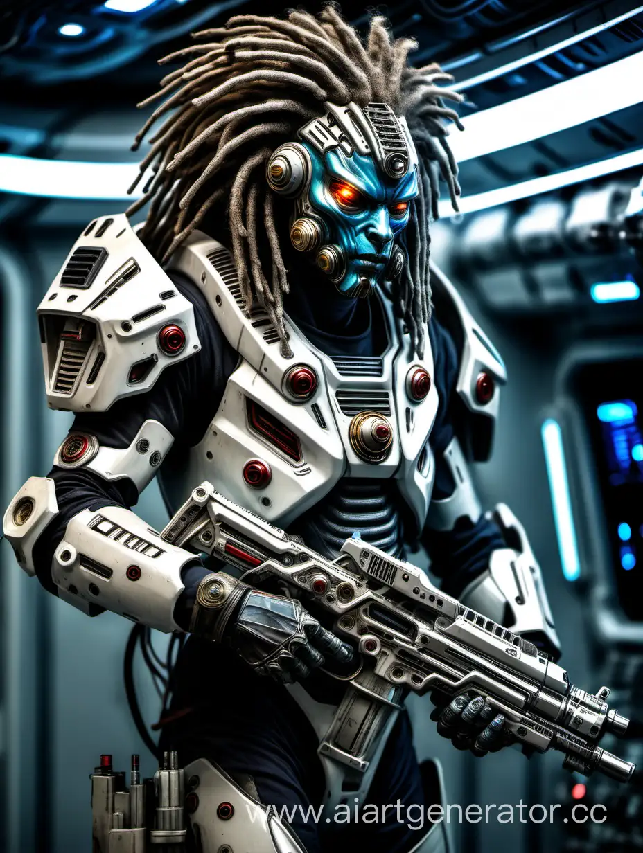 Polish soldier from the future, wearing mechanic-cybernetic armor, laser gun in hands, futuristic helmet with lion hair like dreads-wires, background is a control deck of a space ship in H.R. Geiger "Alien" style.