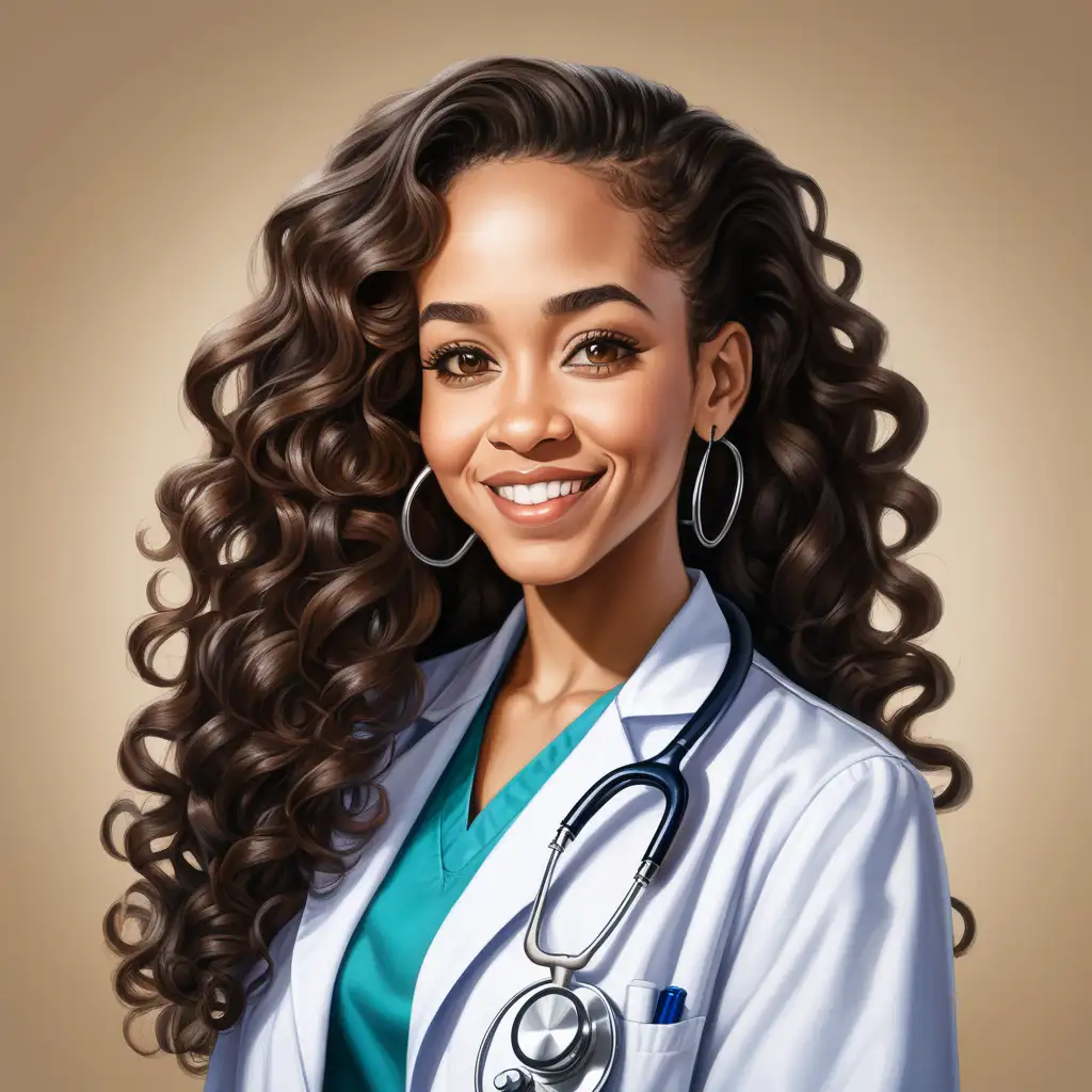 A light skin black doctor with long loose brown curls hairstyle wearing earrings and a stethoscope