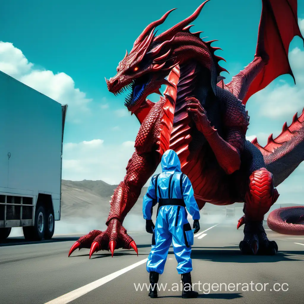 на дороге стоит солдат в защитном костюме будущего синего цвета, а на его фоне  стоит большой красный злой дракон