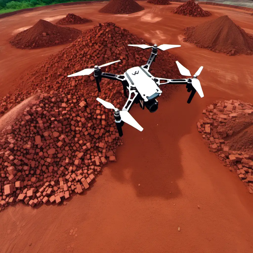 create a drone taking video over a stock-pile of bauxite in a mine 