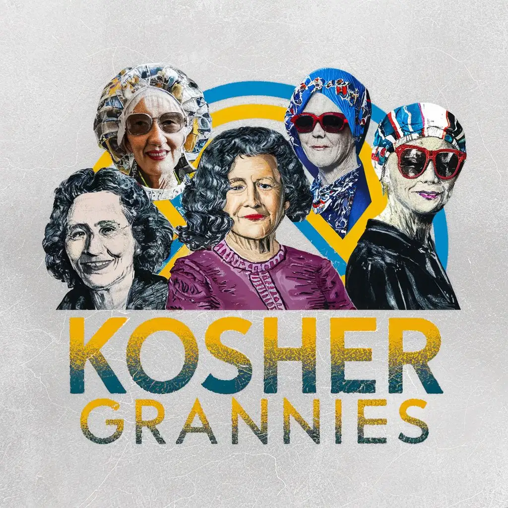 logo, Israel, yellow, blue, white, Jewish historical grannies with Israeli headcovers and sunglasses, 7 branches Menorah, star of David, chaotic order, Israeli colorful Jewish headcovers, Paul Klee, with the text "Kosher Grannies", typography, be used in the Automotive industry
