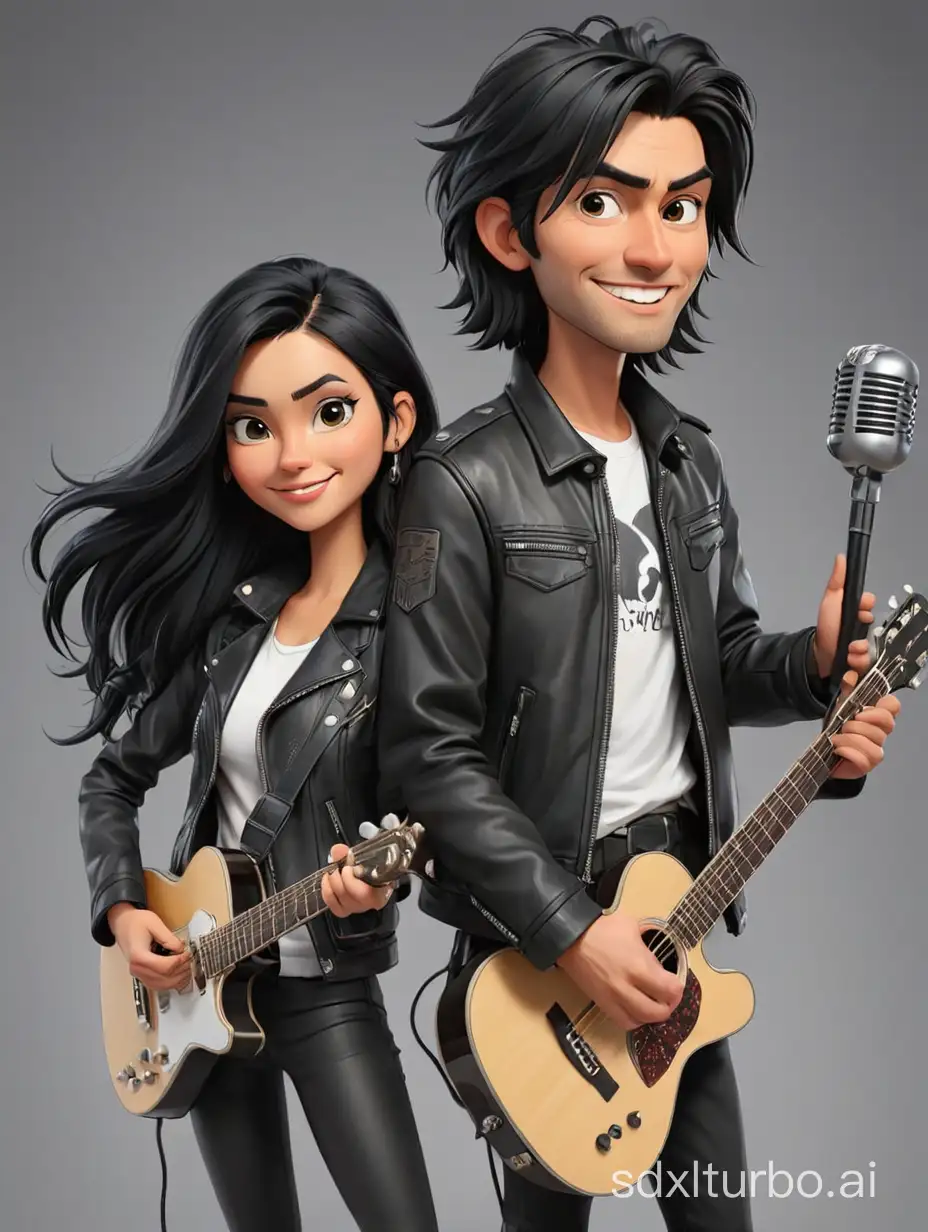 caricature of a couple, woman with long black hair wearing a black leather jacket holding a mic stand, man with short black hair wearing a white t-shirt and black jacket while playing an acoustic guitar, gray background