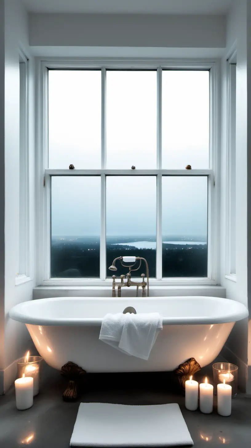 a all white bathroom with lush towels claw foot tub with candles concrete floor  near a large window with a view of the night sky
