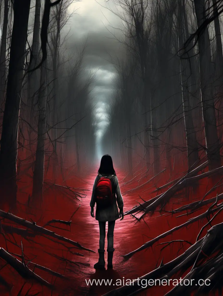 далекая фигура черноволосой девушки в Зоне Отчуждения направляется в рыжий лес, а рядом бродят мутанты, аномалии 