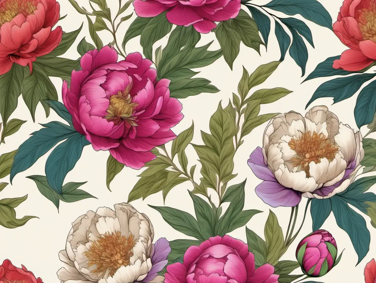 Seamless Pattern of vivid colored flowers including Peonies with Small Foliage on muted white background color , Pattern Remains in the Center Only with the background color only showing on wide border on all sides