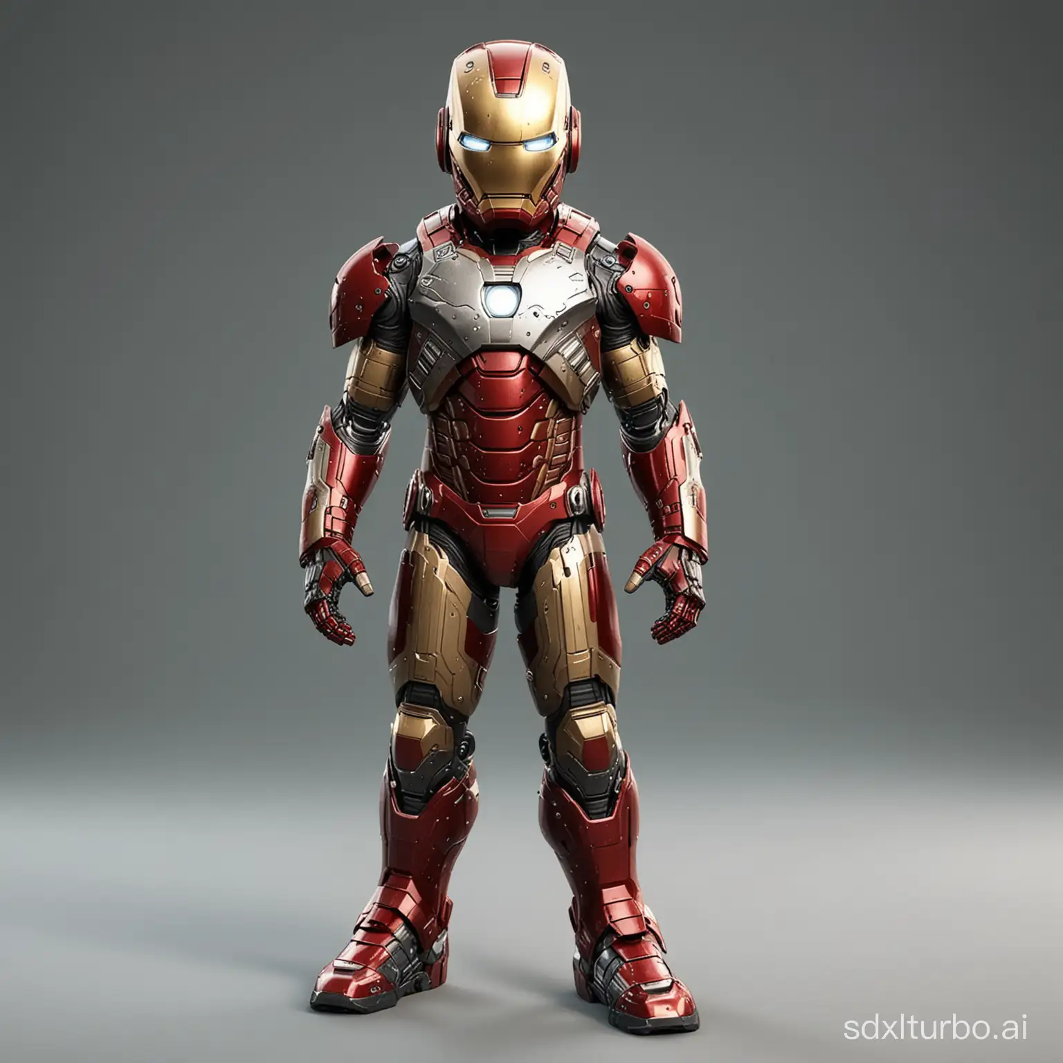 Little child ironman with masculine face, wearing full armor with assault rifle, game character, stands at full height