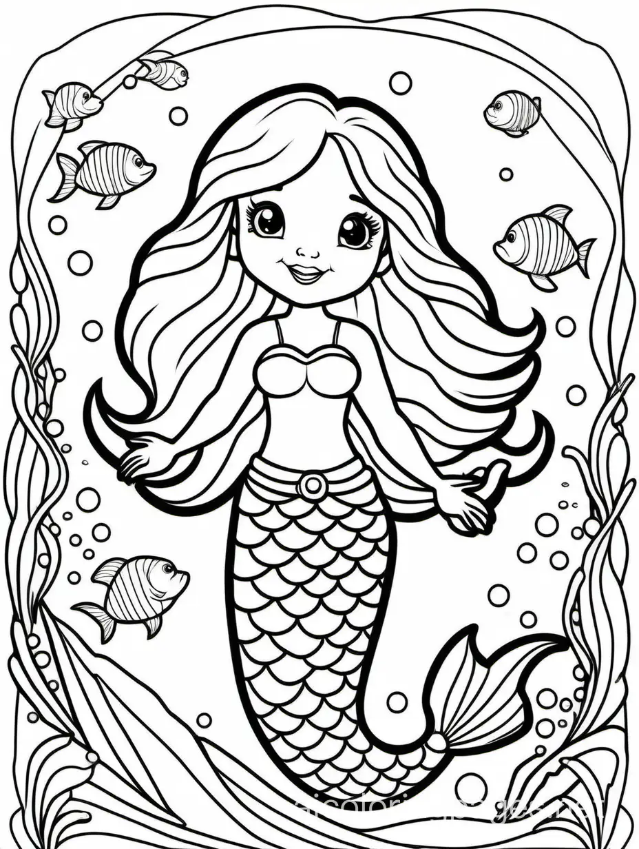 complete cute mermaid for kids, Coloring Page, black and white, line art, white background, Simplicity, Ample White Space. The background of the coloring page is plain white to make it easy for young children to color within the lines. The outlines of all the subjects are easy to distinguish, making it simple for kids to color without too much difficulty