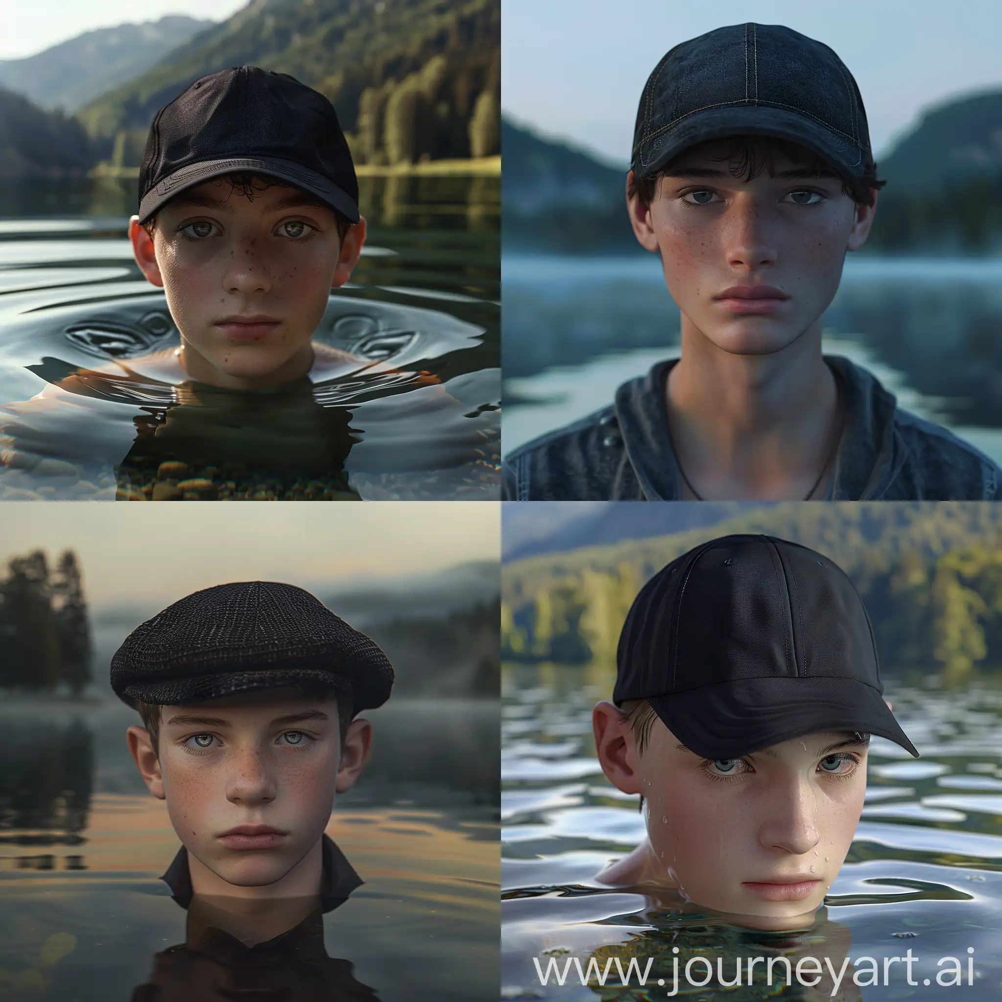 Make a boy in his early 20s wearing a black cap. The boy is handsome. He's on a lake somewhere in Europe. The image is extremely detailed and realistic. The colors are vivid. The image will be part of a marketing campaign of a cap company. A natural unaltered 4k photograph, high quality, high resolution
