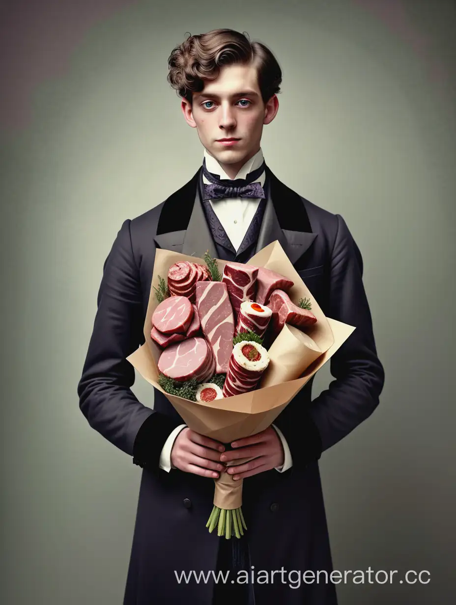 A stylish young Victorian era man holding a posh bouquet made of various meat delicatessen 