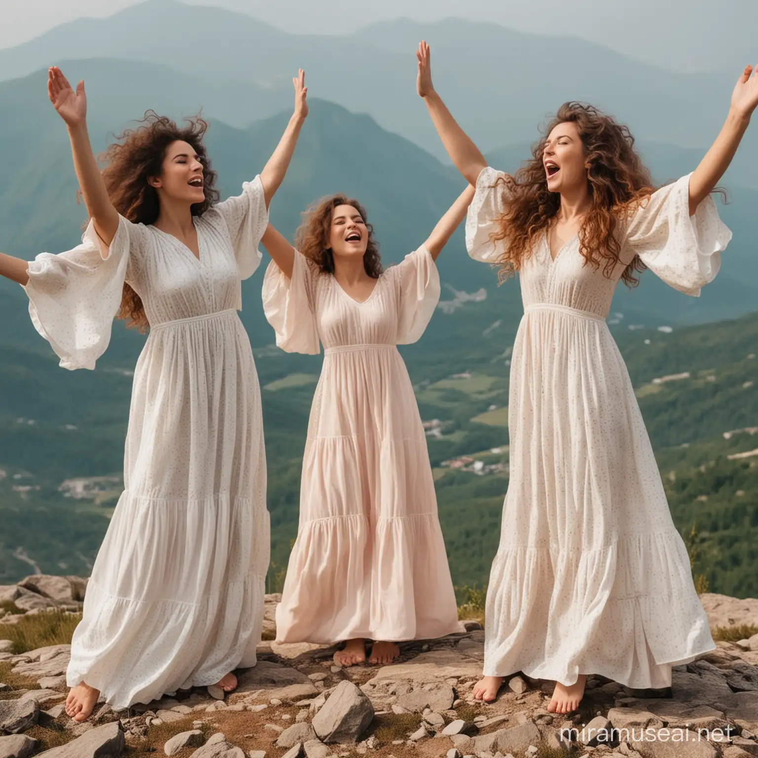 Stylishly Dressed Women Singing Joyfully at Mountain Summit