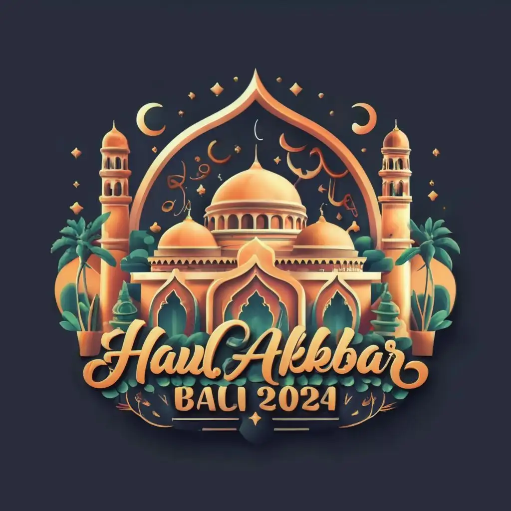 logo, 3D art mosque, with the text "Haul Akbar Bali 2024", typography