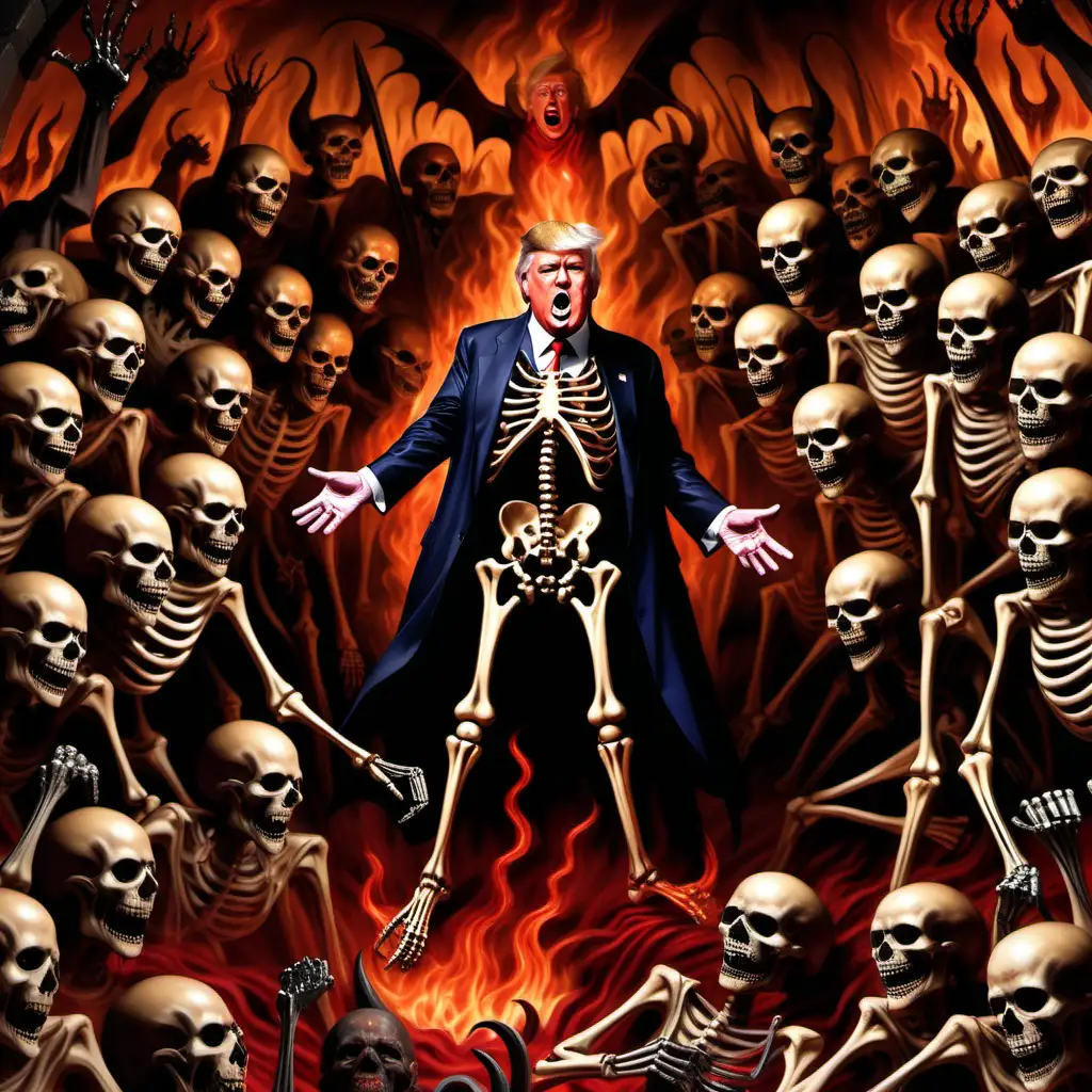 donald trump depicted as a skeleton in hell surrounded by devils being tortured in the french diablerie style