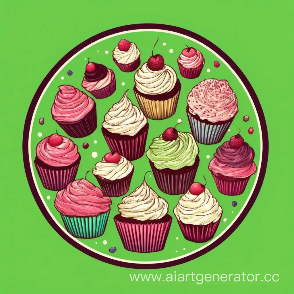 Diverse-Cupcake-Emblem-on-Vibrant-Green-Background