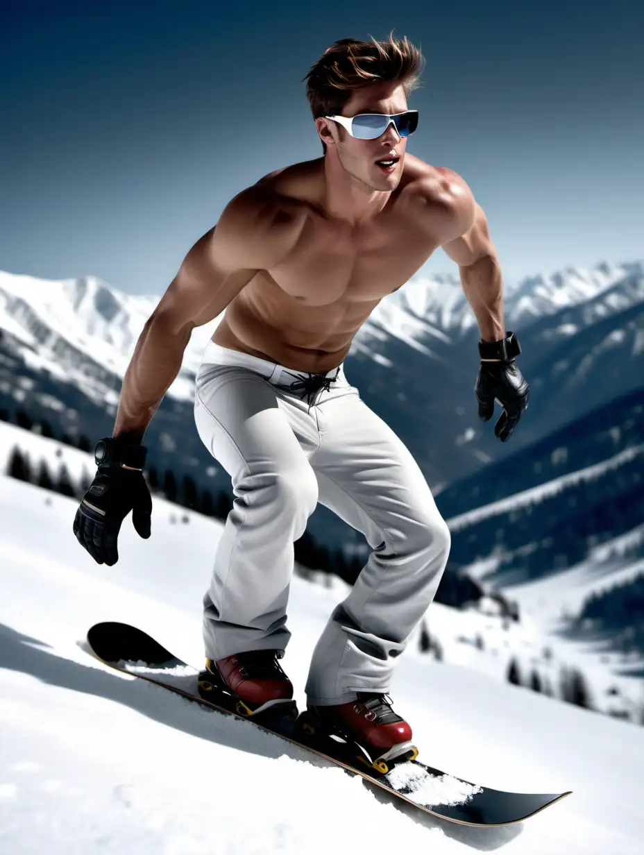 Close up photo by Michael Willson for sport magazine: sexy shirtless american hunky, white Celvin Cline briefs, black glasses, on a snowboard in the alpine mountains, flies down a slope at high speed High detailed, realistic photo.