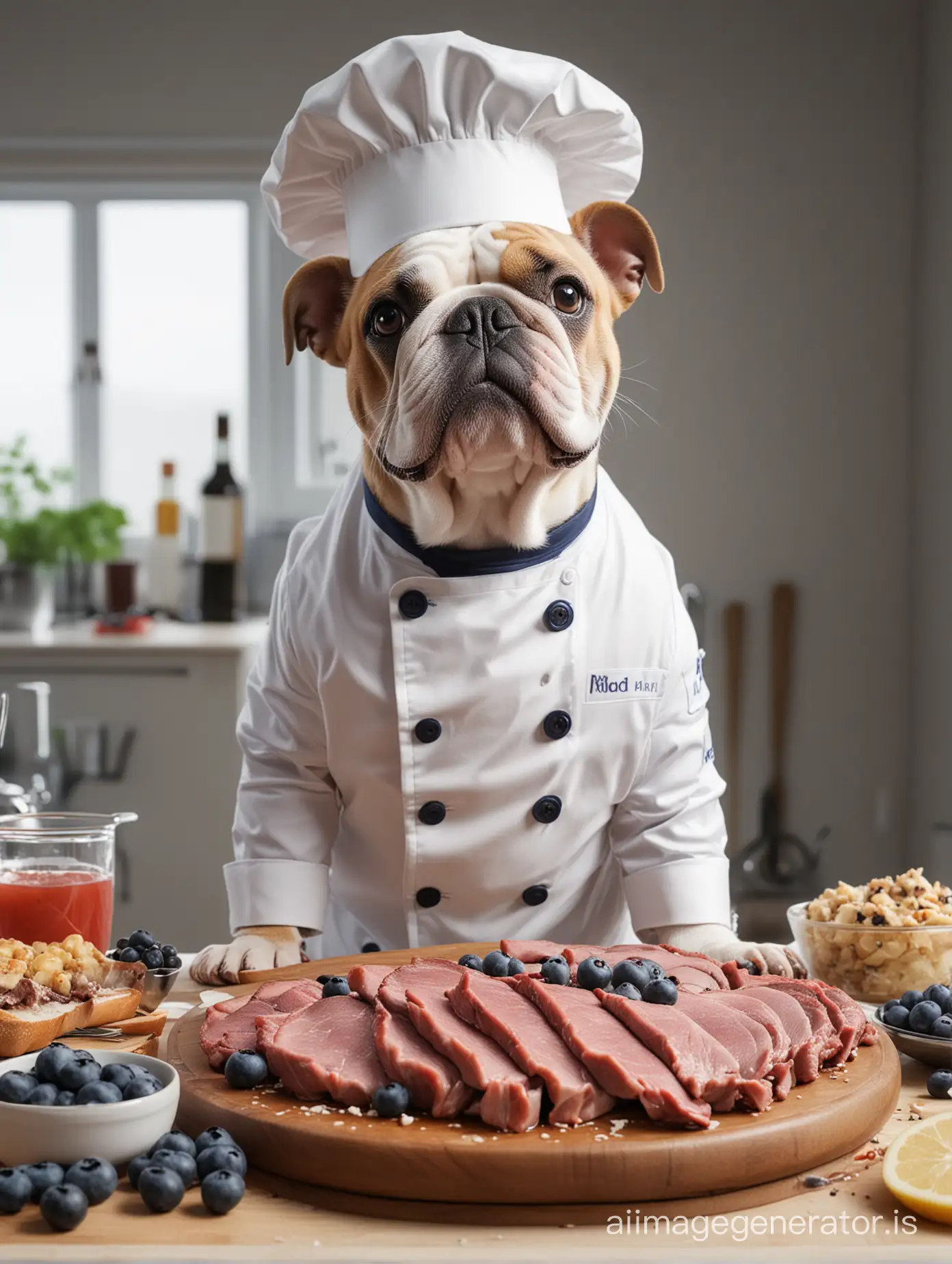Funny bulldog, a chef of Michelin and a kitten, a cook with cooks and at a table filled with meat with blueberries, cook delicious food for themselves, funny and funny, evoke emotions of tenderness and laughter.  On a white background, aesthetically pleasing, beautiful, realistic, professional photo, 30mm lens, 1/250s, 4k, high resolution, close-up, ISO 100, high detail, bright lighting, soft lighting, glazing, cinematic, deep craquelure