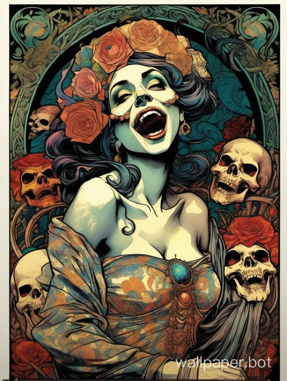 skull young odalisque,  Beautiful face, evil laugh, open mouth with tongue, details, darkness assimetrical, the art of coop style, william morris  alphonse mucha hiperdetailed, torn poster edge, chaos chromatic dripping colors, highcontrast explosive colors, sticker art